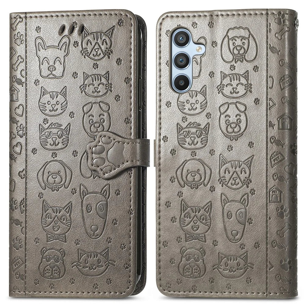 For Samsung Galaxy A36 5G Case Leather Wallet Flip Phone Cover Cute Cat Dog Pattern - Grey - 1