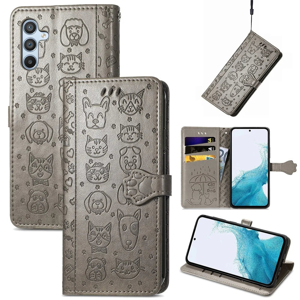 For Samsung Galaxy A36 5G Case Leather Wallet Flip Phone Cover Cute Cat Dog Pattern - Grey - 4