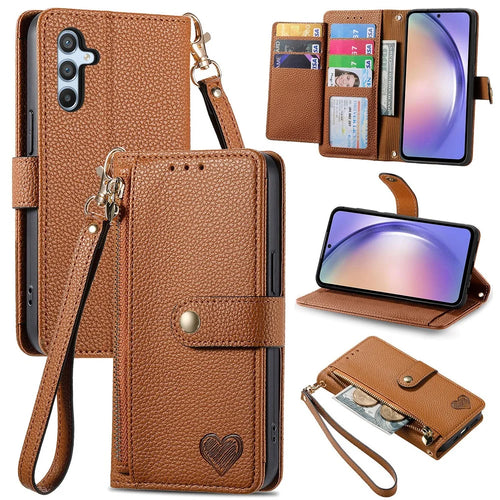 For Samsung Galaxy A36 5G Case RFID Blocking Zipper Pocket Leather Wallet Phone Cover - Brown - 1