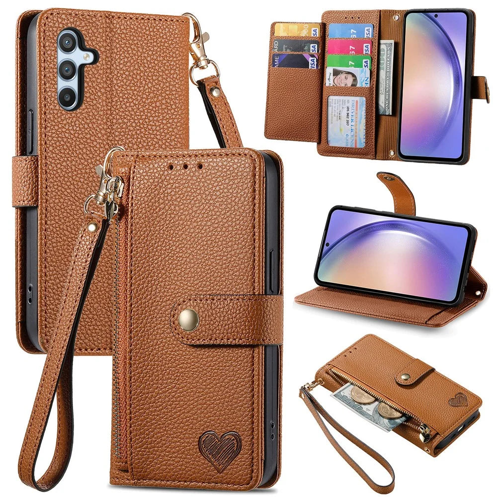 For Samsung Galaxy A36 5G Case RFID Blocking Zipper Pocket Leather Wallet Phone Cover - Brown - 1