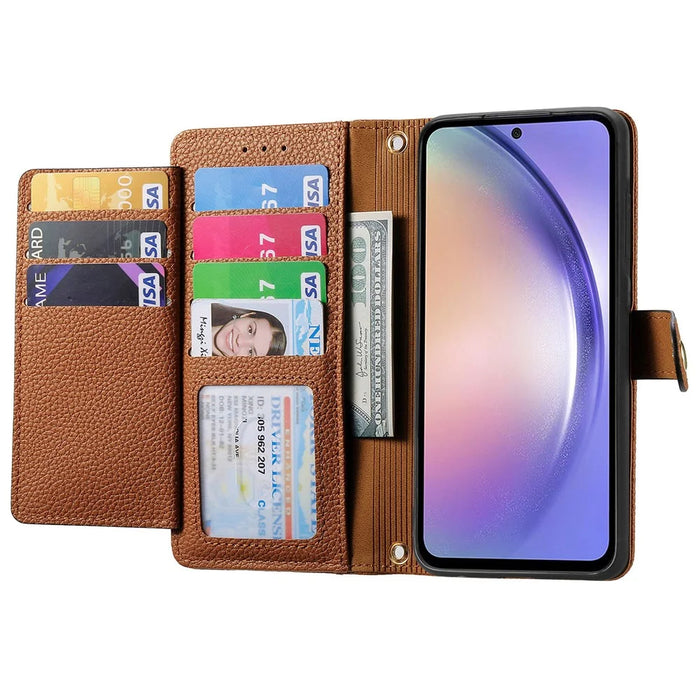 For Samsung Galaxy A36 5G Case RFID Blocking Zipper Pocket Leather Wallet Phone Cover - Brown - 2