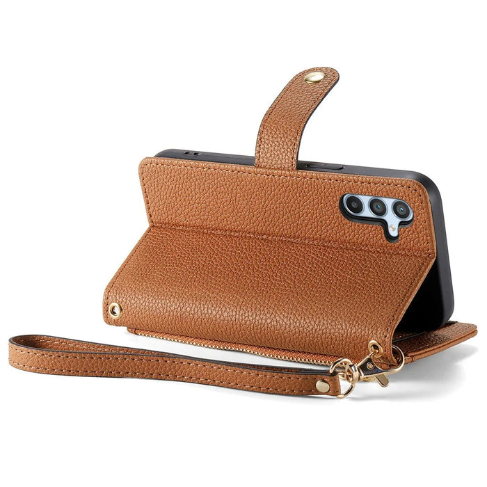 For Samsung Galaxy A36 5G Case RFID Blocking Zipper Pocket Leather Wallet Phone Cover - Brown - 3