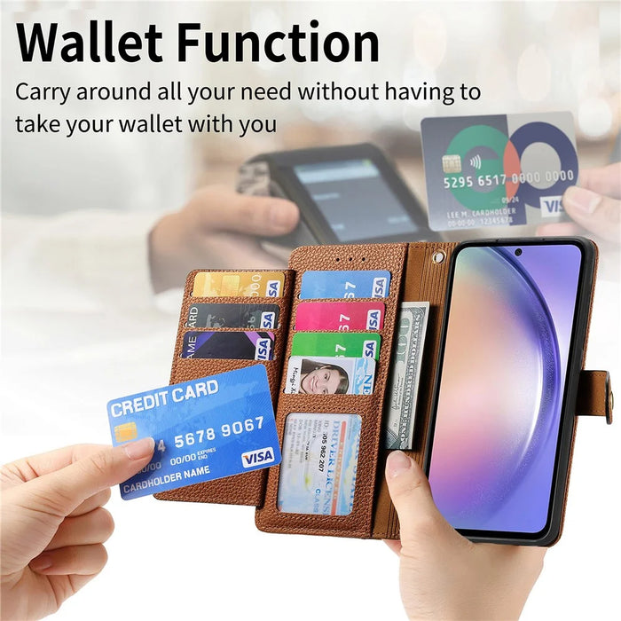 For Samsung Galaxy A36 5G Case RFID Blocking Zipper Pocket Leather Wallet Phone Cover - Brown - 7
