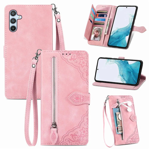 For Samsung Galaxy A36 5G Zipper Wallet Case with Strap Flower Imprint PU Leather Phone Cover - Pink - 1