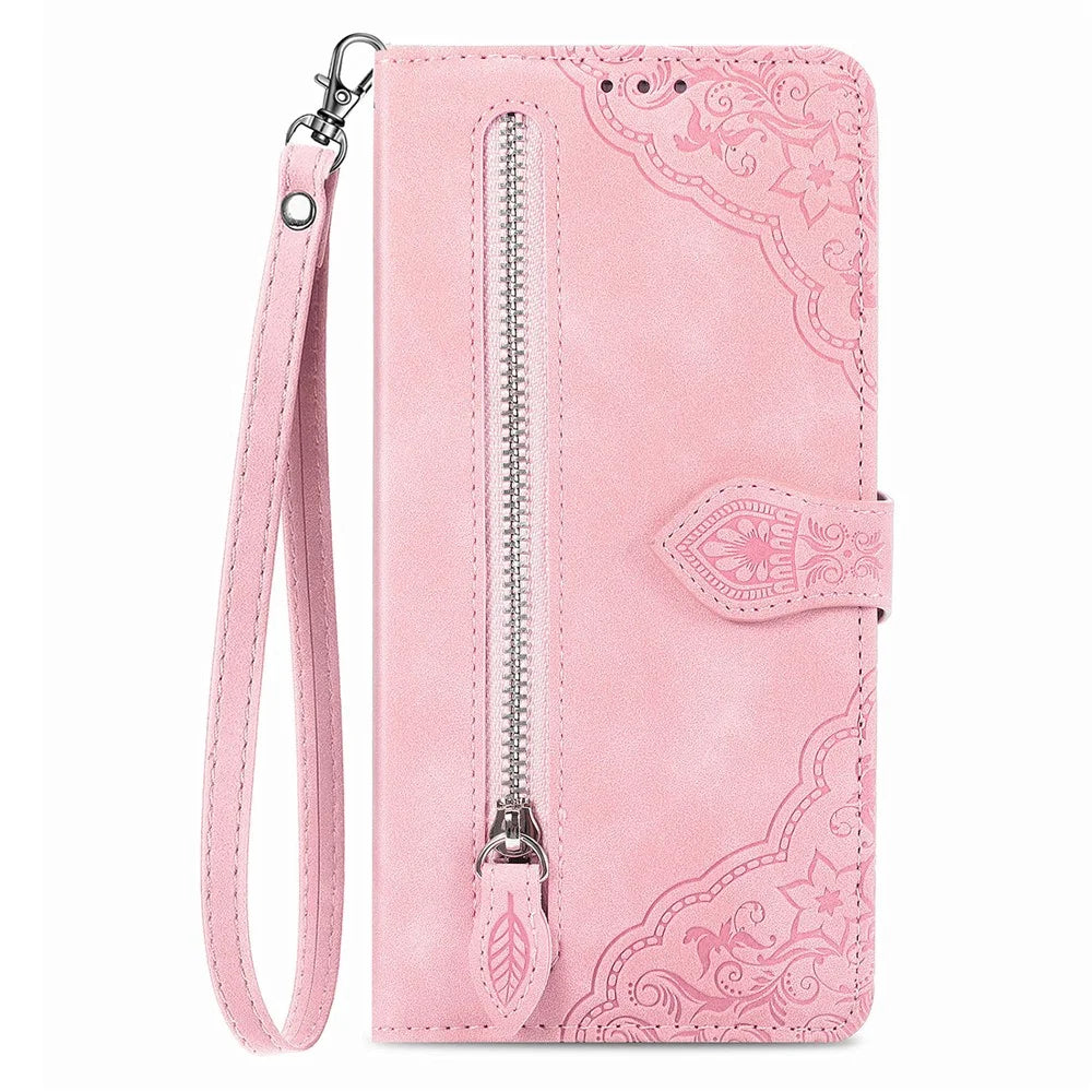 For Samsung Galaxy A36 5G Zipper Wallet Case with Strap Flower Imprint PU Leather Phone Cover - Pink - 6