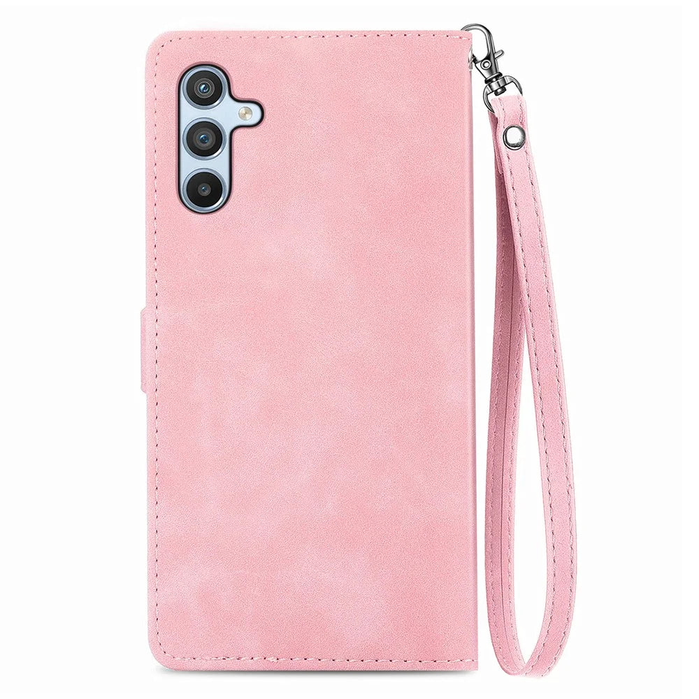 For Samsung Galaxy A36 5G Zipper Wallet Case with Strap Flower Imprint PU Leather Phone Cover - Pink - 7