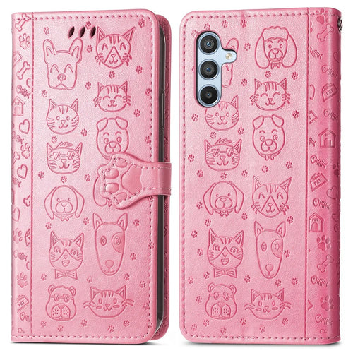 For Samsung Galaxy A56 5G Case Leather Wallet Flip Phone Cover Cute Cat Dog Pattern - Pink - 1