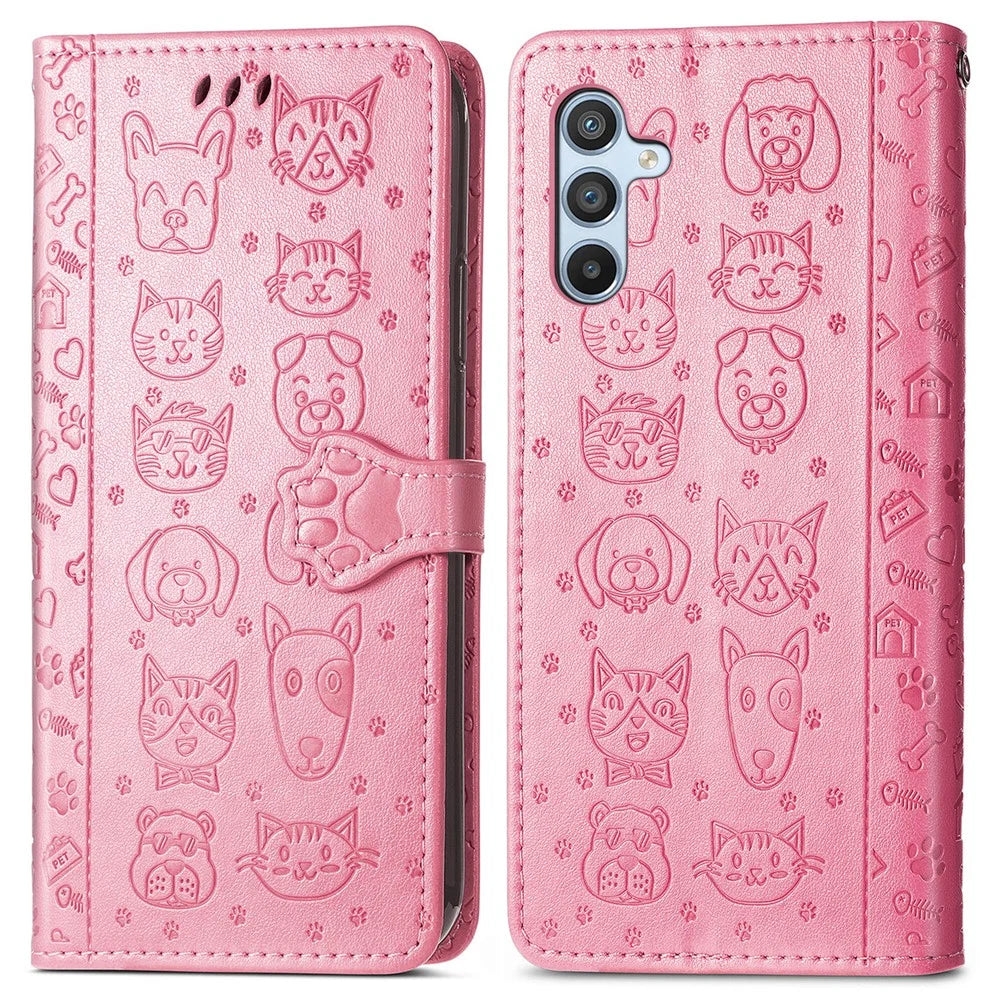 For Samsung Galaxy A56 5G Case Leather Wallet Flip Phone Cover Cute Cat Dog Pattern - Pink - 1