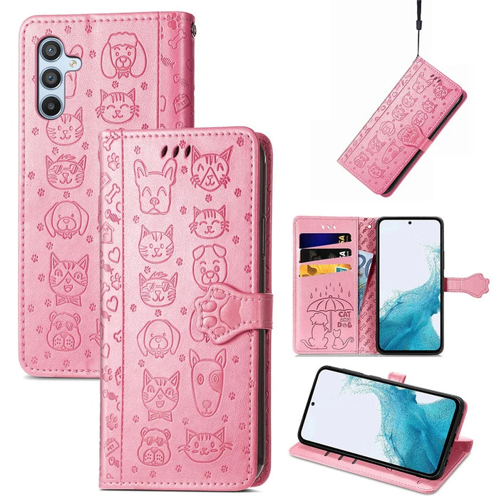 For Samsung Galaxy A56 5G Case Leather Wallet Flip Phone Cover Cute Cat Dog Pattern - Pink - 5