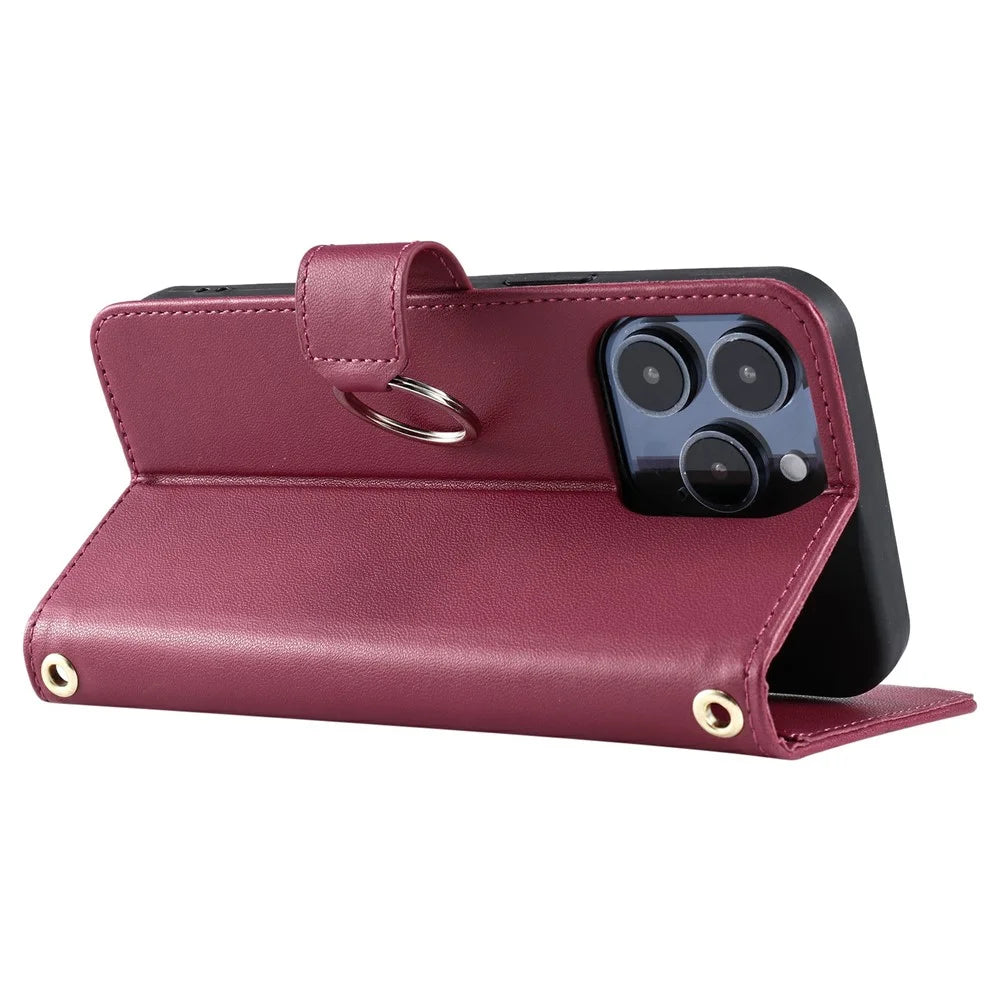 For iPhone 16 Pro Crossbody Leather Case Ring Buckle Wallet Stand Rhombus Mobile Cover - Red - 4