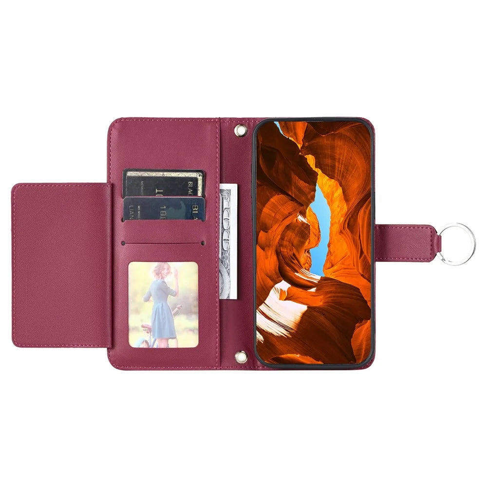 For iPhone 16 Plus Crossbody Leather Case Ring Buckle Wallet Stand Rhombus Mobile Cover - Red - 3