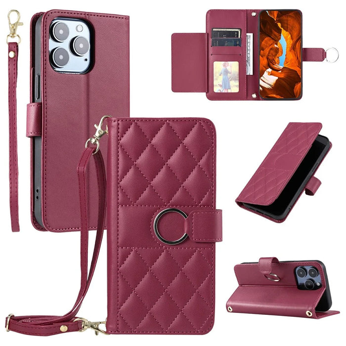 For iPhone 16 Pro Max Crossbody Leather Case Ring Buckle Wallet Stand Rhombus Mobile Cover - Red - 1