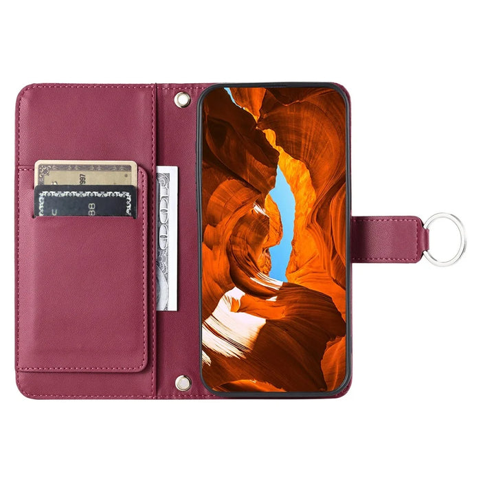 For iPhone 16 Pro Max Crossbody Leather Case Ring Buckle Wallet Stand Rhombus Mobile Cover - Red - 2