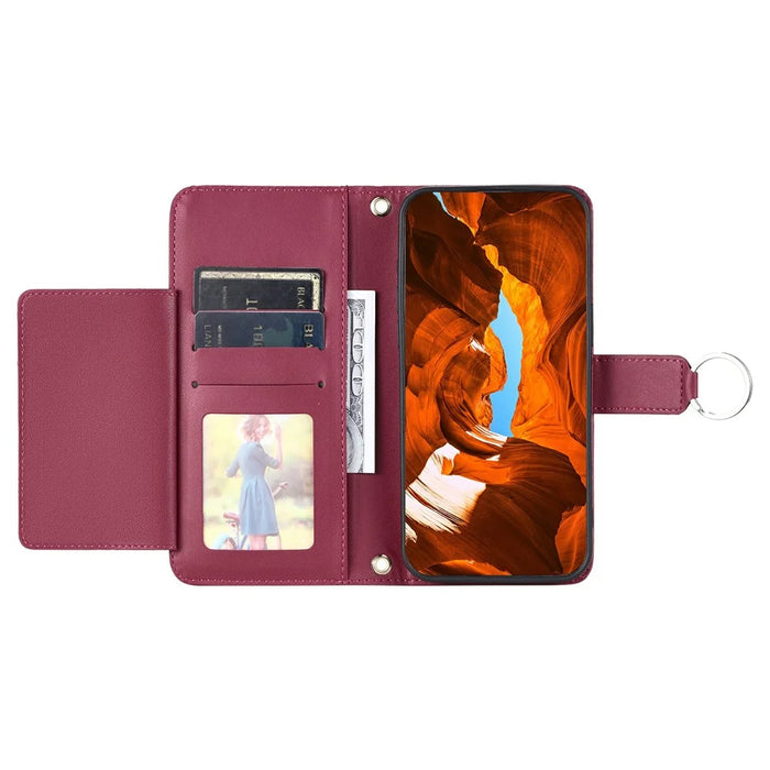 For iPhone 16 Pro Max Crossbody Leather Case Ring Buckle Wallet Stand Rhombus Mobile Cover - Red - 3