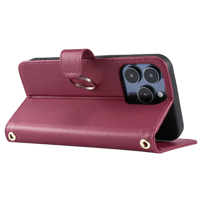 For iPhone 16 Pro Max Crossbody Leather Case Ring Buckle Wallet Stand Rhombus Mobile Cover - Red - 4