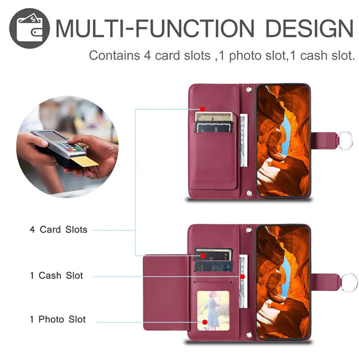 For iPhone 16 Pro Max Crossbody Leather Case Ring Buckle Wallet Stand Rhombus Mobile Cover - Red - 6