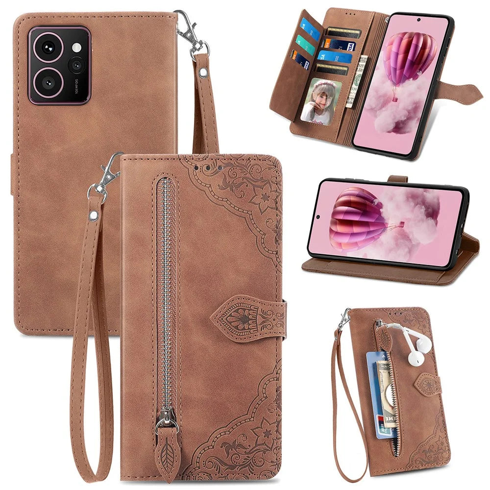 For HMD Skyline Zipper Wallet Case with Strap Flower Imprint PU Leather Phone Cover - Brown - 1