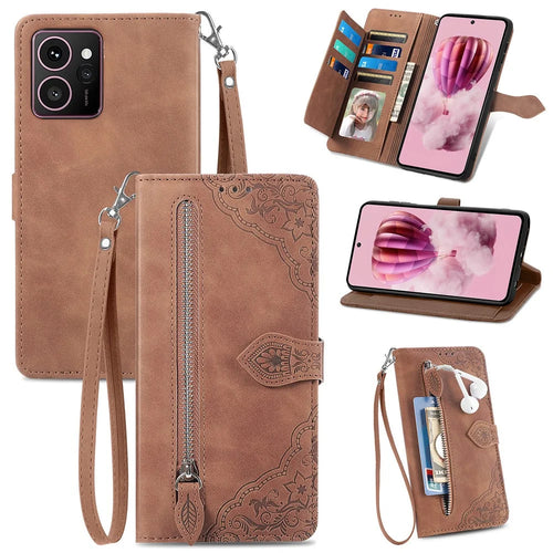 For HMD Skyline Zipper Wallet Case with Strap Flower Imprint PU Leather Phone Cover - Brown - 1