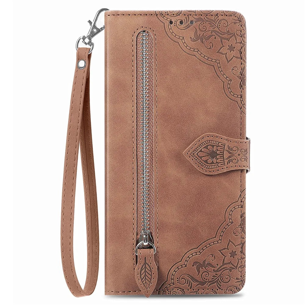For HMD Skyline Zipper Wallet Case with Strap Flower Imprint PU Leather Phone Cover - Brown - 5
