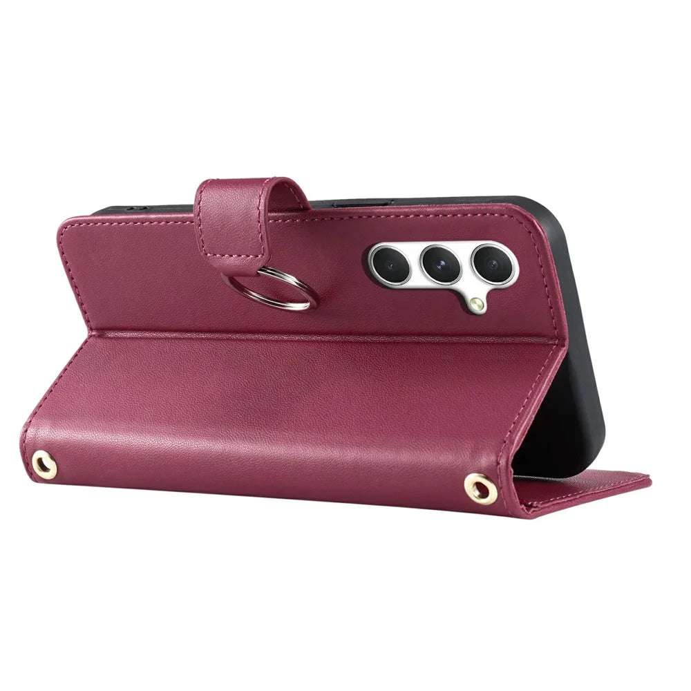 For Samsung Galaxy S23 FE Crossbody Leather Case Ring Buckle Wallet Stand Rhombus Mobile Cover - Red - 4