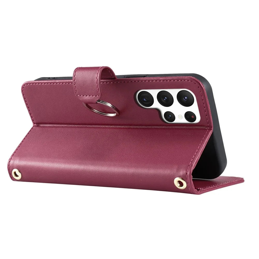 For Samsung Galaxy S24 Ultra Crossbody Leather Case Ring Buckle Wallet Stand Rhombus Mobile Cover - Red - 4