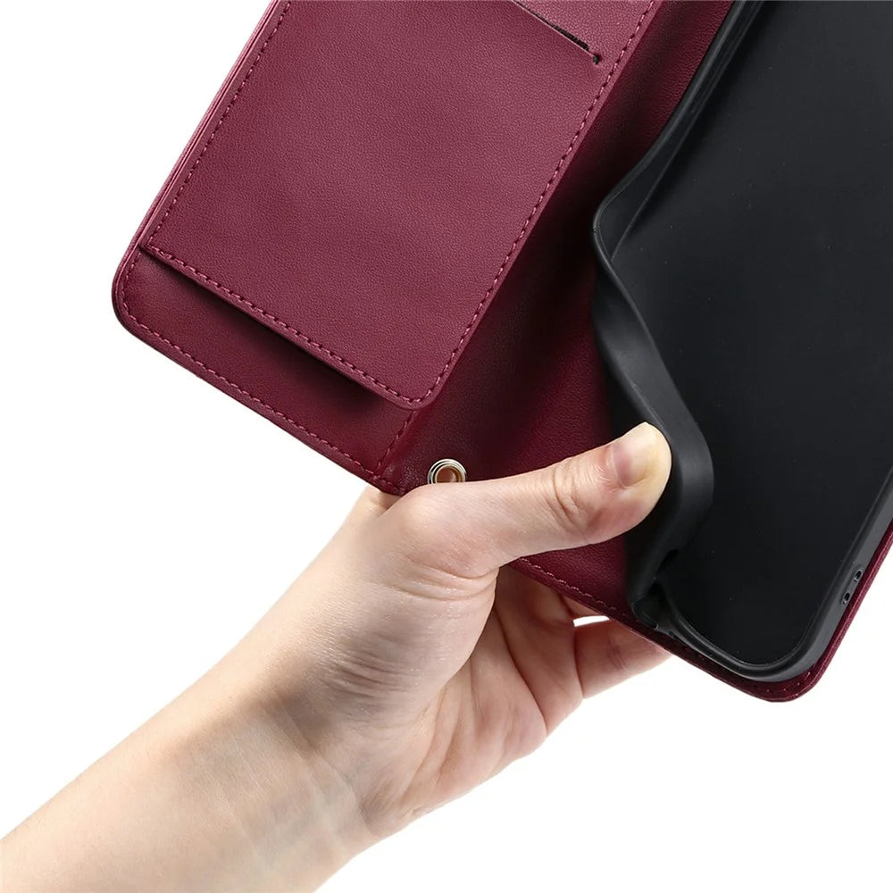 For iPhone 15 Crossbody Leather Case Ring Buckle Wallet Stand Rhombus Mobile Cover - Red - 5