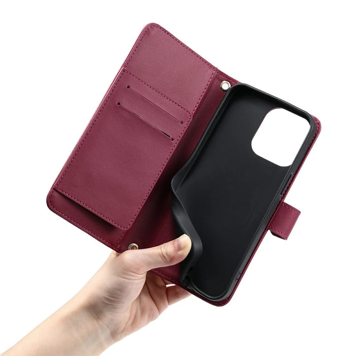 For iPhone 15 Pro Max Crossbody Leather Case Ring Buckle Wallet Stand Rhombus Mobile Cover - Red - 5
