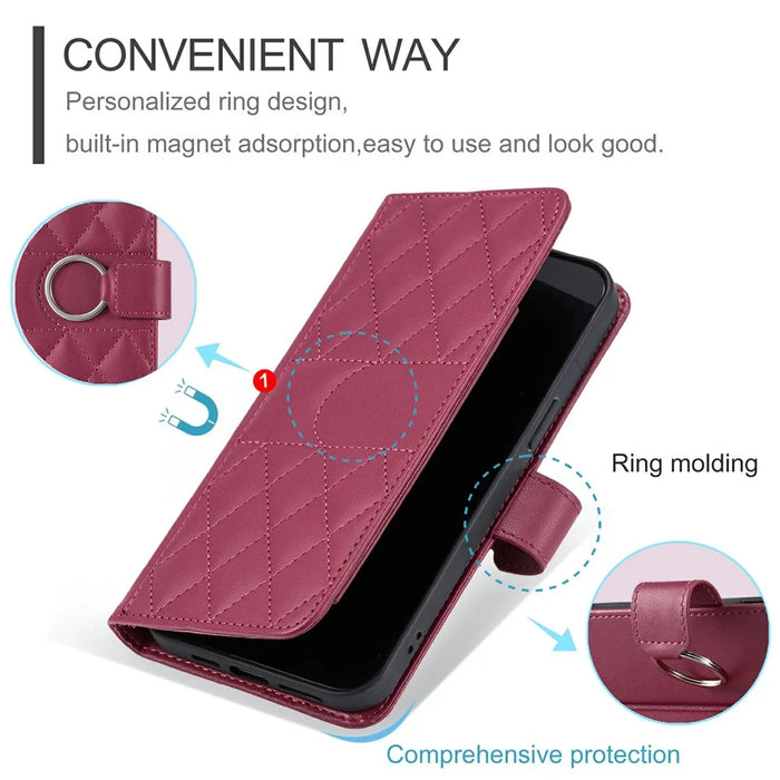 For iPhone 15 Pro Max Crossbody Leather Case Ring Buckle Wallet Stand Rhombus Mobile Cover - Red - 7
