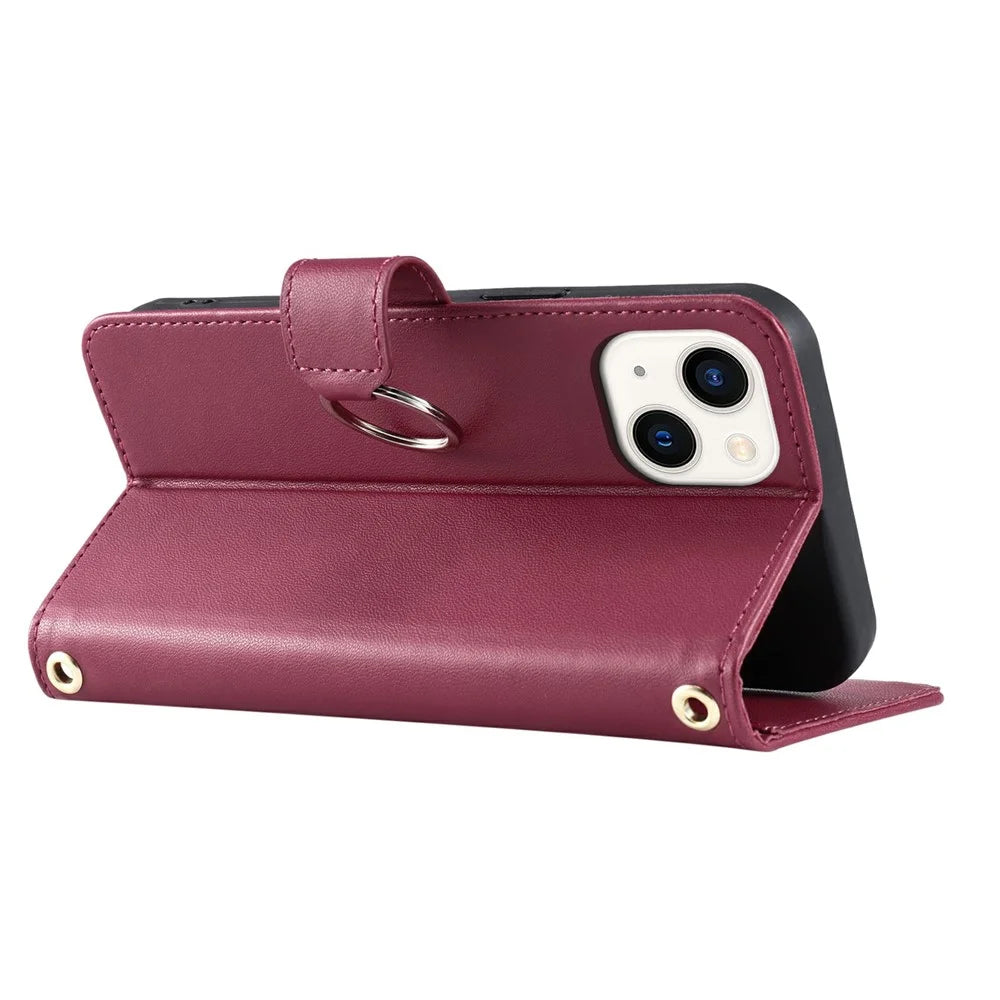 For iPhone 15 Plus Crossbody Leather Case Ring Buckle Wallet Stand Rhombus Mobile Cover - Red - 4