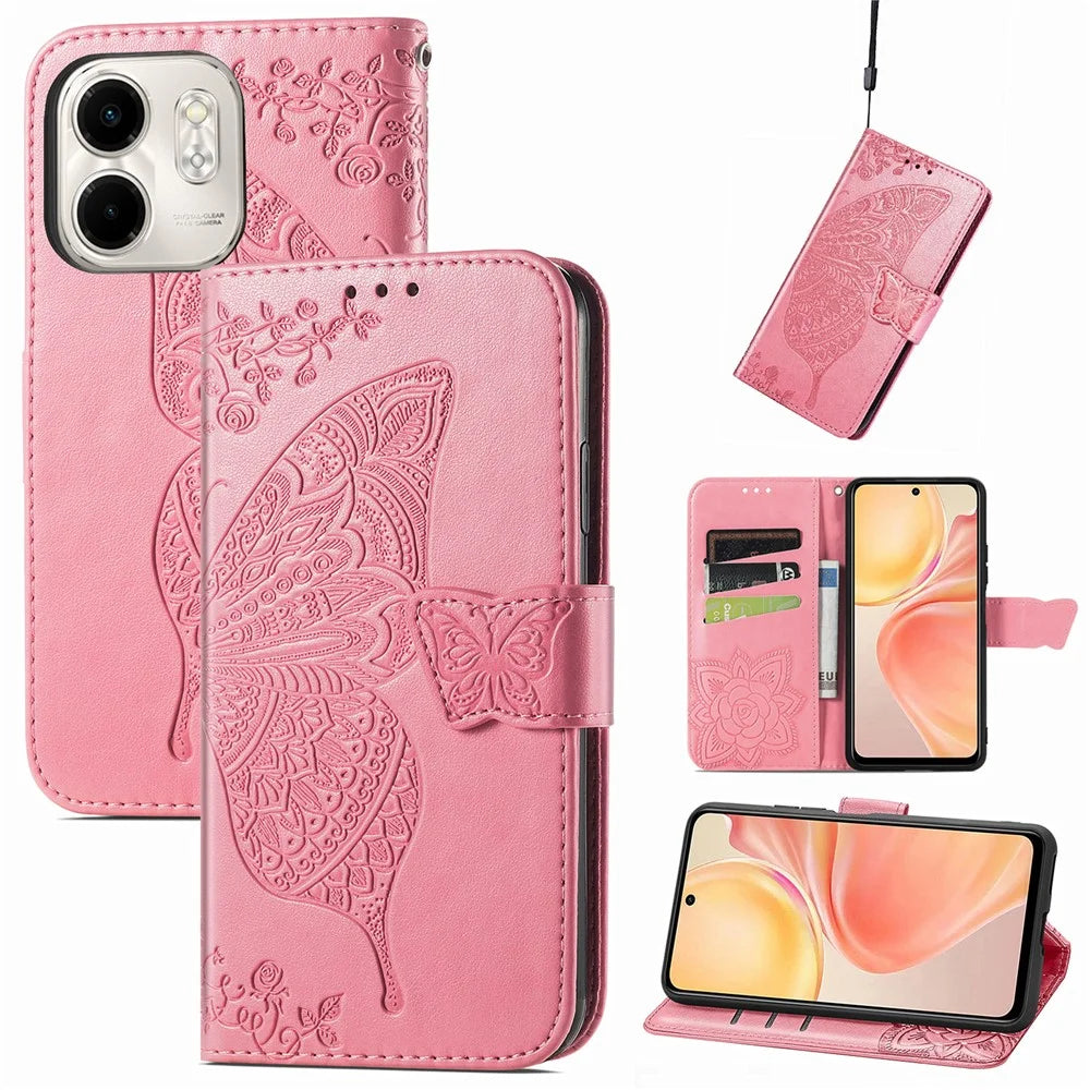 For Infinix Smart 9 4G Case PU Leather Wallet Phone Cover Butterfly Pattern - Pink - 4