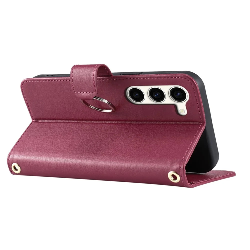 For Samsung Galaxy S23 Crossbody Leather Case Ring Buckle Wallet Stand Rhombus Mobile Cover - Red - 4