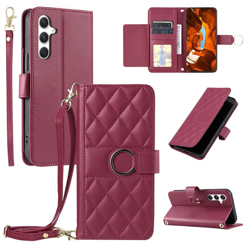 For Samsung Galaxy A14 4G / 5G Crossbody Leather Case Ring Buckle Wallet Stand Rhombus Mobile Cover - Red - 1