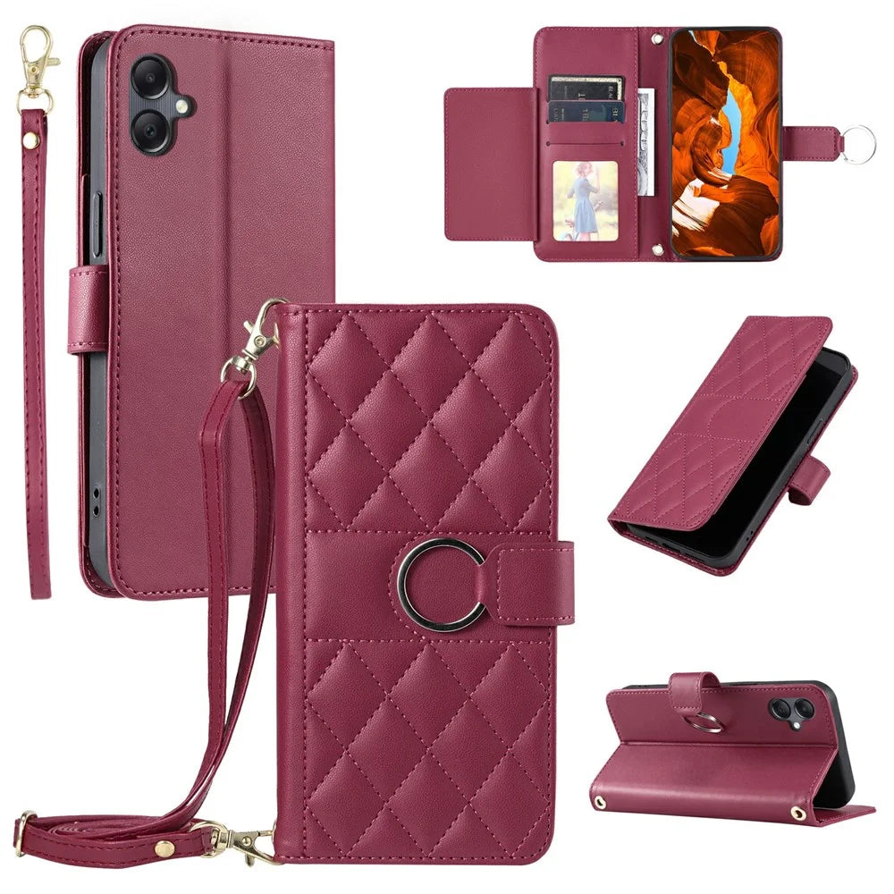 For Samsung Galaxy A05 4G Crossbody Leather Case Ring Buckle Wallet Stand Rhombus Mobile Cover - Red - 1