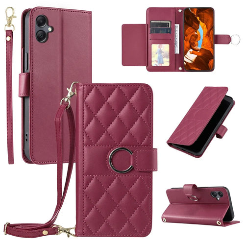 For Samsung Galaxy A05 4G Crossbody Leather Case Ring Buckle Wallet Stand Rhombus Mobile Cover - Red - 1