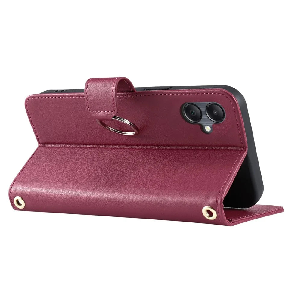 For Samsung Galaxy A06 4G Crossbody Leather Case Ring Buckle Wallet Stand Rhombus Mobile Cover - Red - 4