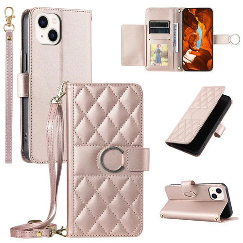 For iPhone 14 / 13 Crossbody Leather Case Ring Buckle Wallet Stand Rhombus Mobile Cover - Rose Gold - 1