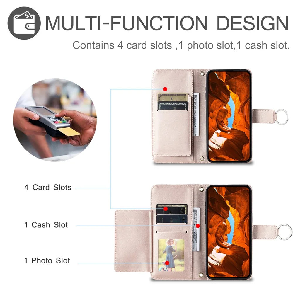 For iPhone 14 / 13 Crossbody Leather Case Ring Buckle Wallet Stand Rhombus Mobile Cover - Rose Gold - 5