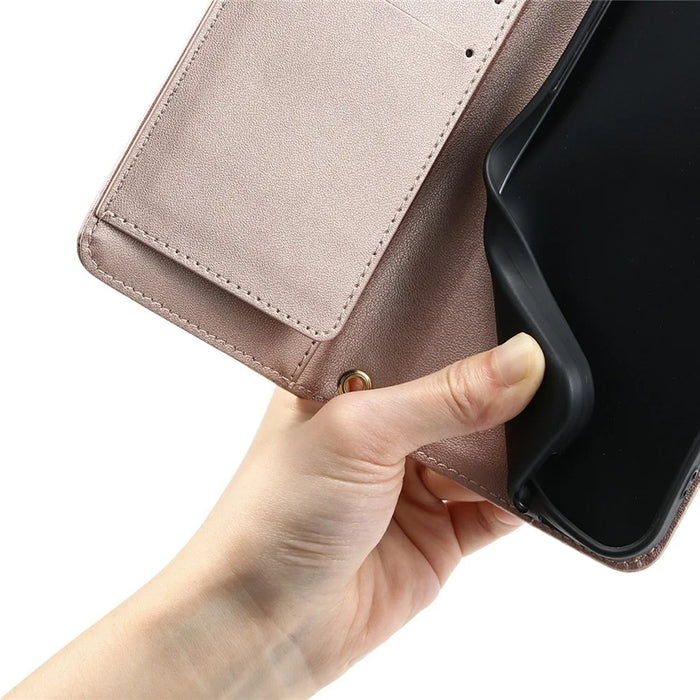 For iPhone 13 Pro Crossbody Leather Case Ring Buckle Wallet Stand Rhombus Mobile Cover - Rose Gold - 6