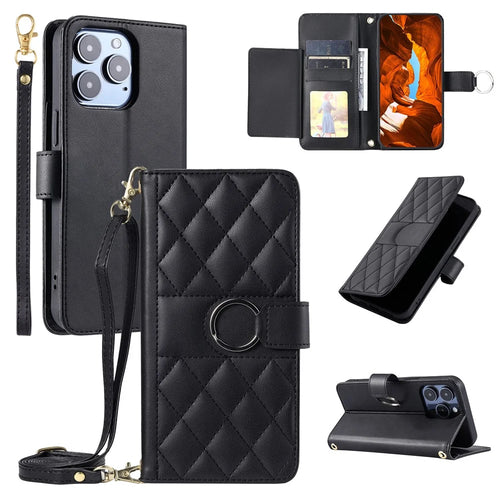 For iPhone 13 Pro Max Crossbody Leather Case Ring Buckle Wallet Stand Rhombus Mobile Cover - Black - 1
