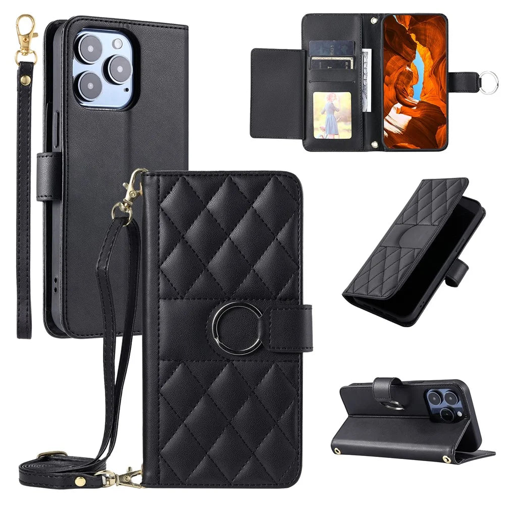 For iPhone 13 Pro Max Crossbody Leather Case Ring Buckle Wallet Stand Rhombus Mobile Cover - Black - 1