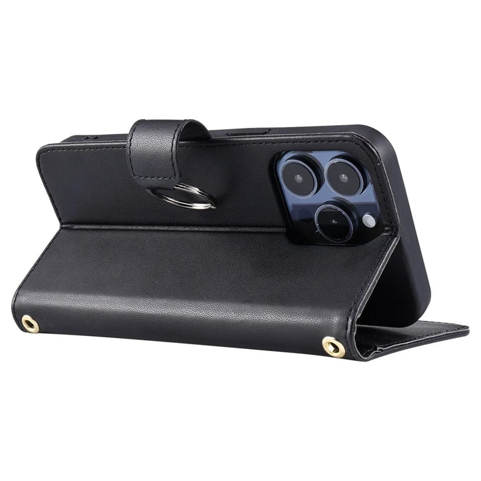 For iPhone 13 Pro Max Crossbody Leather Case Ring Buckle Wallet Stand Rhombus Mobile Cover - Black - 4