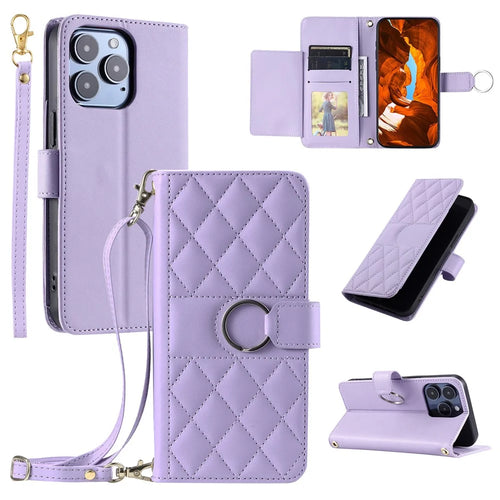 For iPhone 14 Pro Max Crossbody Leather Case Ring Buckle Wallet Stand Rhombus Mobile Cover - Purple - 1