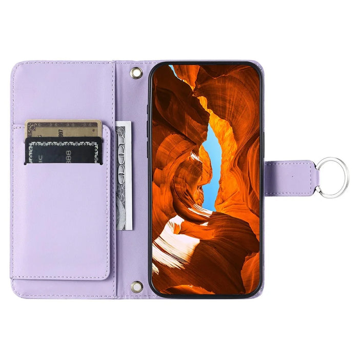 For iPhone 14 Pro Max Crossbody Leather Case Ring Buckle Wallet Stand Rhombus Mobile Cover - Purple - 2