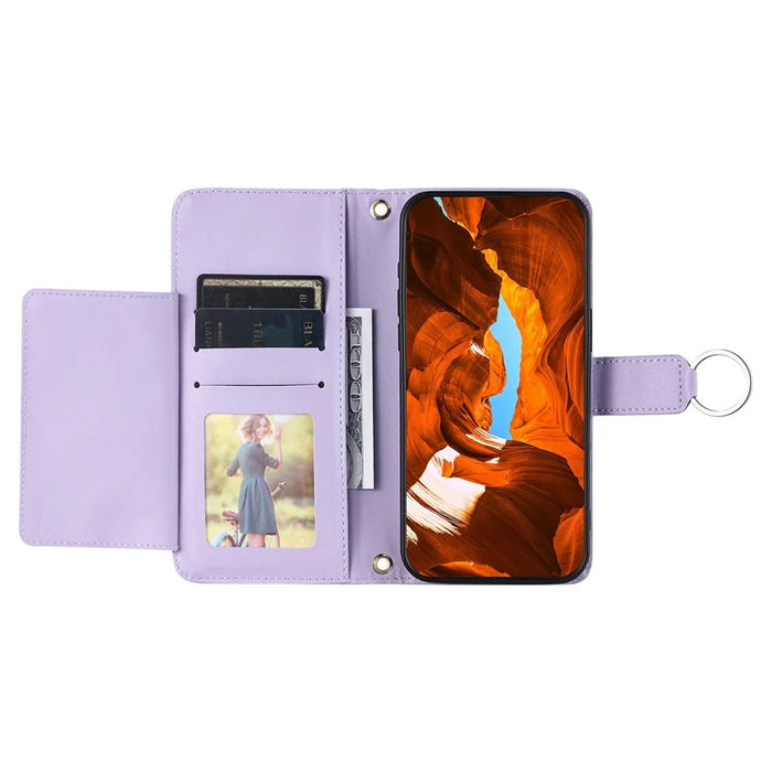 For iPhone 14 Pro Max Crossbody Leather Case Ring Buckle Wallet Stand Rhombus Mobile Cover - Purple - 3