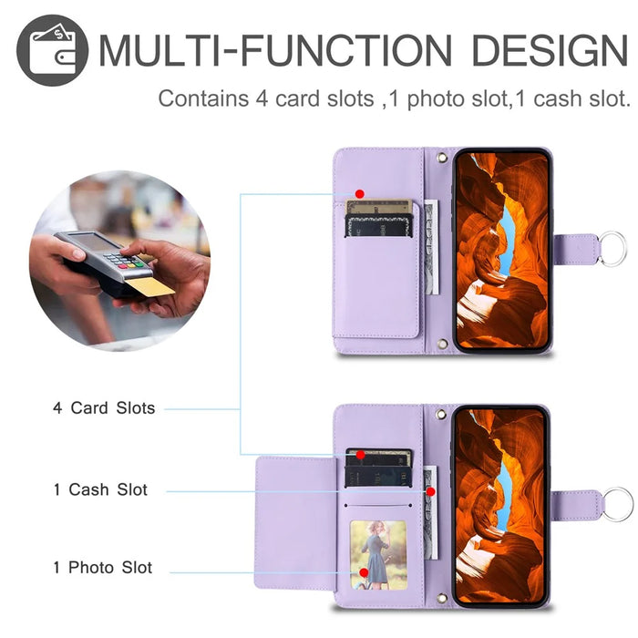 For iPhone 14 Pro Max Crossbody Leather Case Ring Buckle Wallet Stand Rhombus Mobile Cover - Purple - 5