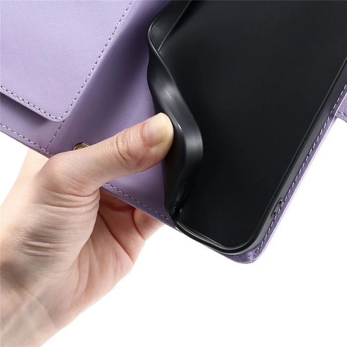 For iPhone 14 Pro Max Crossbody Leather Case Ring Buckle Wallet Stand Rhombus Mobile Cover - Purple - 6