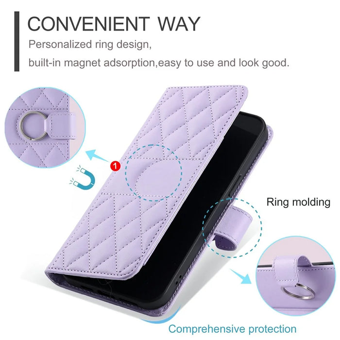 For iPhone 14 Pro Max Crossbody Leather Case Ring Buckle Wallet Stand Rhombus Mobile Cover - Purple - 7