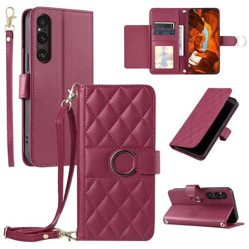 For Sony Xperia 1 VI Crossbody Leather Case Ring Buckle Wallet Stand Rhombus Mobile Cover - Red - 1
