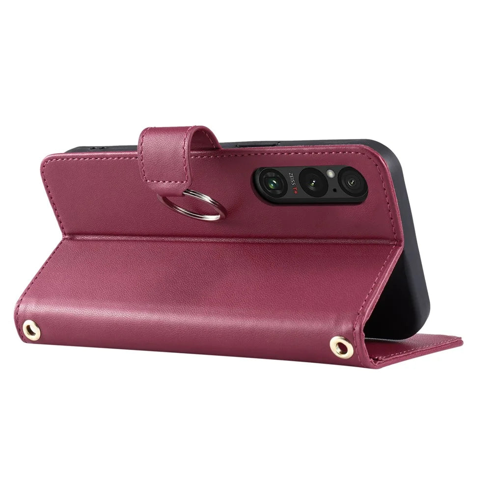 For Sony Xperia 1 VI Crossbody Leather Case Ring Buckle Wallet Stand Rhombus Mobile Cover - Red - 4