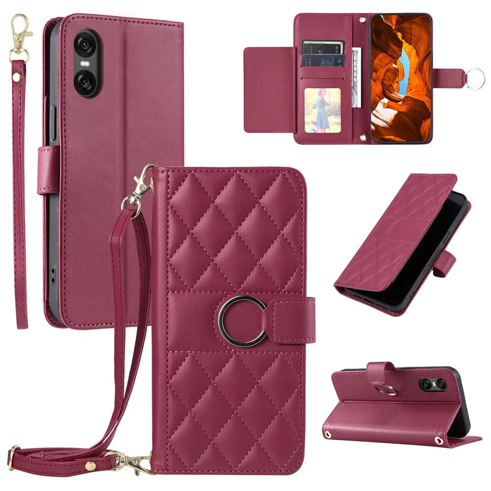 For Sony Xperia 5 VI Crossbody Leather Case Ring Buckle Wallet Stand Rhombus Mobile Cover - Red - 1